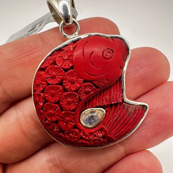 NWT Unique Cinnabar carved fish and moonstone accent, 925 pendant! - Picture 6 of 7